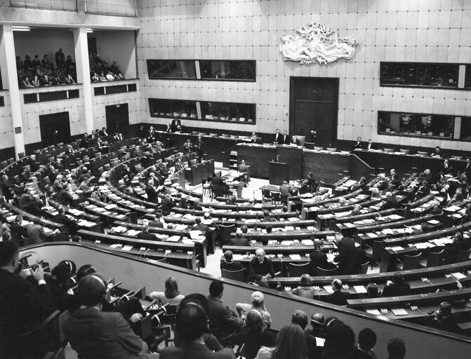 General view of the hemicycle during a plenary session at the EP in Strasbourg, France, 1971