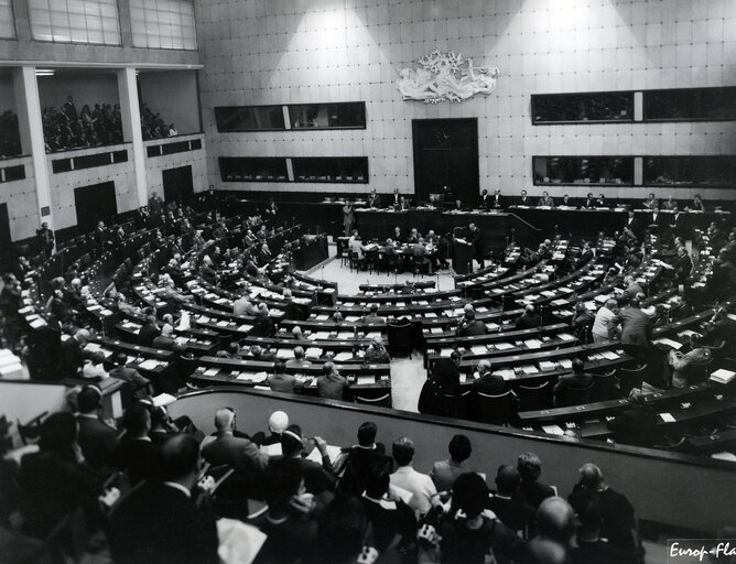 Members of the Parliament attend a plenary session in the hemicycle of the European Parliament in Strasbourg, France, in 1966