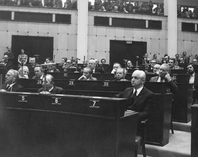 General view of the hemicycle during a plenary session at the EP in Strasbourg, France, 1973