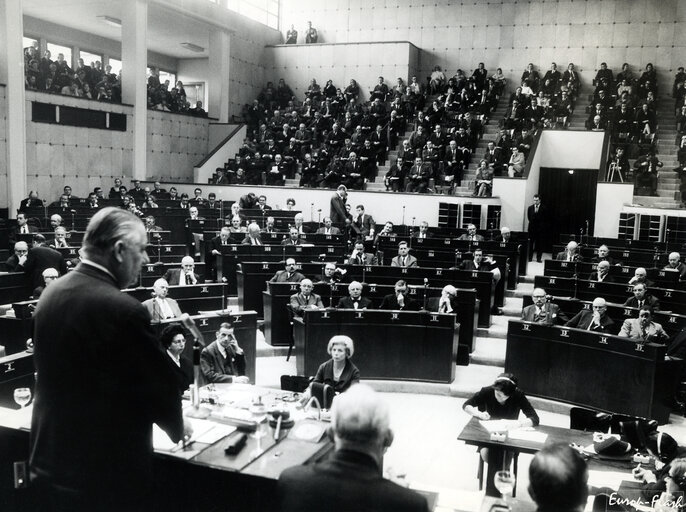 Members of the Parliament attend a plenary session in the hemicycle of the European Parliament in Strasbourg, France, in 1968