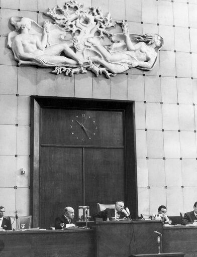 EP President Cornelis BERKHOUWER attends a plenary session at the EP in Strasbourg, France, 1973