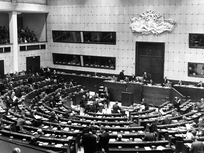 Fotogrāfija 3: Members of the Parliament attend a plenary session in the hemicycle of the European Parliament in Strasbourg, France, in 1969