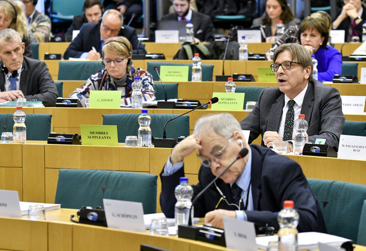 Photo 4: AFCO committee meeting - BREXIT : exchange of views on the state of play of the negotiations with Guy Verhofstadt, Parliament's coordinator for the negotiations on the UK withdrawal from the EU, and with Danuta Huebner, member of the Parliament's Brexit Steering Group