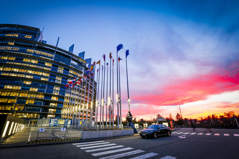 The LOW building of the European Parliament in Strasbourg at sunset