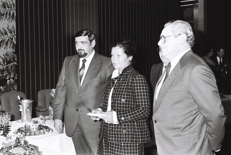 MEPs and EP President Simone VEIL celebrate Epiphany with a Twelfth Night Cake or Galette des Rois ahead of a plenary session in Strasbourg in January 1980