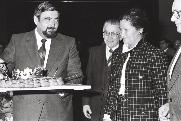 MEPs and EP President Simone VEIL celebrate Epiphany with a Twelfth Night Cake or Galette des Rois ahead of a plenary session in Strasbourg in January 1980