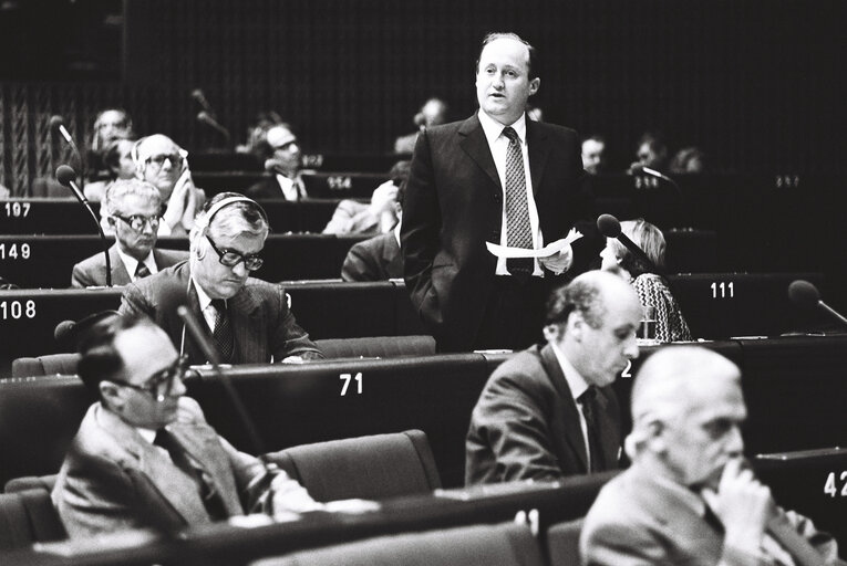 The European Commissioner Christopher TUGENDHAT during a plenary session in the hemicycle of Strasbourg in November 1979.Irish Presidency