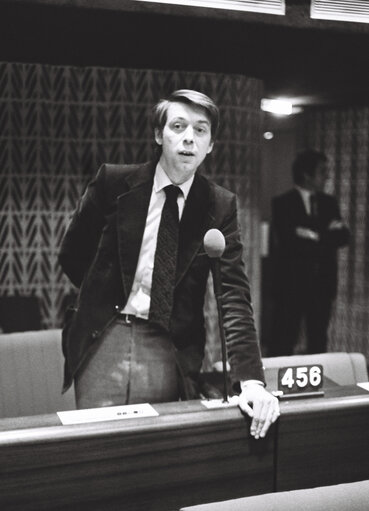 The MEP Paul-Henry GENDEBIEN during a session in the hemicycle of Strasbourg in November 1979.