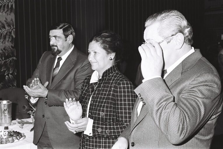 MEPs and EP President Simone VEIL celebrate Epiphany with a Twelfth Night Cake or Galette des Rois ahead of a plenary session in Strasbourg in January 1980