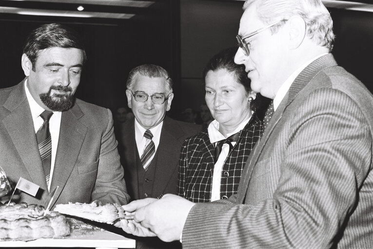 MEPs and EP President Simone VEIL celebrate Epiphany with a Twelfth Night Cake or Galette des Rois ahead of a plenary session in Strasbourg in January 1980