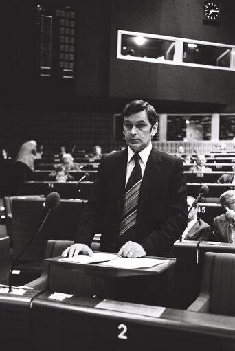 Ray MAC SHARRY during a plenary session in Strasbourg in October 1979.Irish Presidency