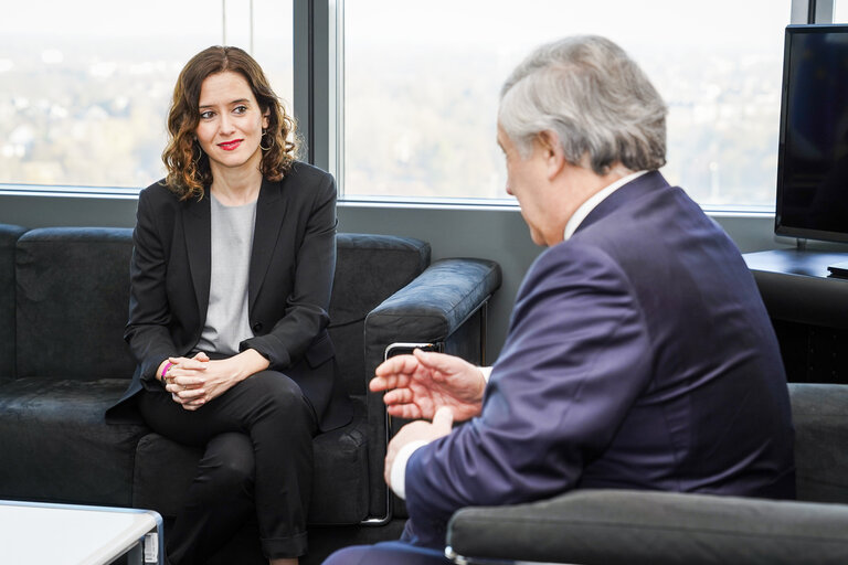 Suriet 1: Antonio TAJANI, EP President meets with Isabel DIAZ AYUSO, a candidate for President of the Community of Madrid ahead of the Madrilenian regional election.