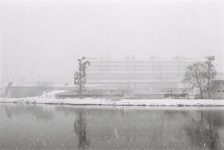 The European Parliament in Strasbourg under snow in 1978