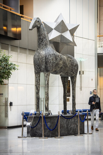 Zenith horse statue by Italian artist Mimmo Paladino in the ASP building in Brussels