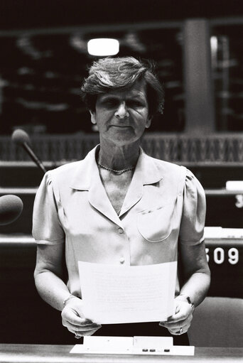 The MEP Marie-Jane PRUVOT at the hemicycle of Strasbourg in May 1980.