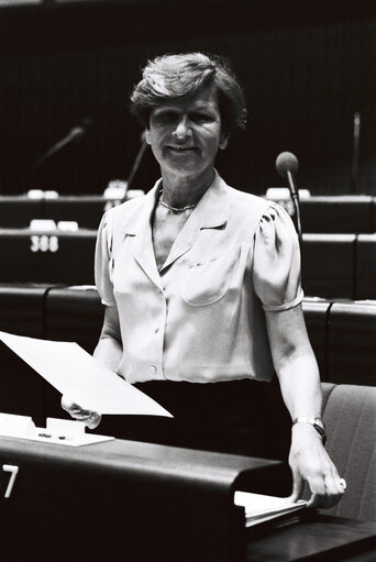 The MEP Marie-Jane PRUVOT at the hemicycle of Strasbourg in May 1980.