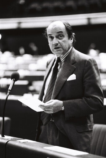 Member of the Euroean Commission Claude CHEYSSON during a session in Strasbourg on May 1980.