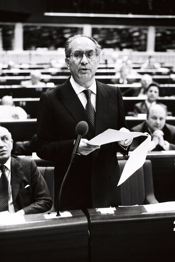 The Minister Emilio COLOMBO during a session in Strasbourg in May 1980.Italian Presidency