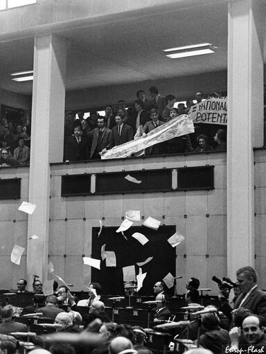 Students protest during a plenary session at the European Parliament in Strasbourg, France, March, 11-12, 1969