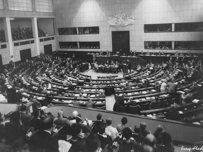 Hemicycle overview of the European Parliament in Strasbourg in June 1966.