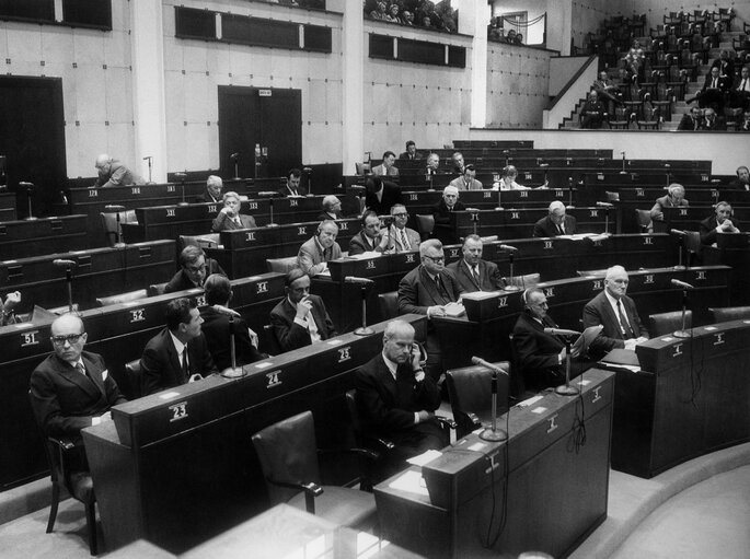 Members of the Parliament attend a plenary session in the hemicycle of the European Parliament in Strasbourg, France, in 1969