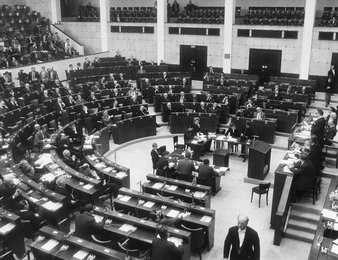 General view of the hemicycle during a plenary session at the EP in Strasbourg, France, 1971