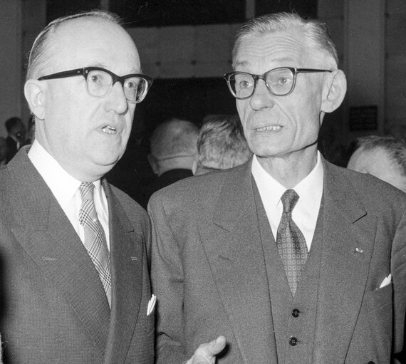 Walter HALLSTEIN and Paul FINET during the Constitutive session of the new European Parliamentary Assembly on the 19th of March 1958