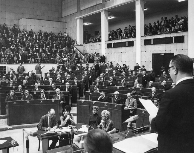 General view of the hemicycle during a plenary session at the EP in Strasbourg, France, 1973