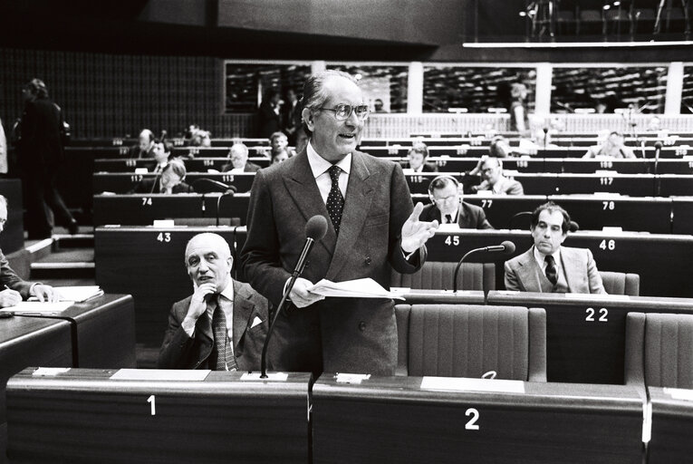 Minister of Foreign Affairs Emilio COLOMBO during a session at the hemicycle of Strasbourg in April 1980.Italian Presidency