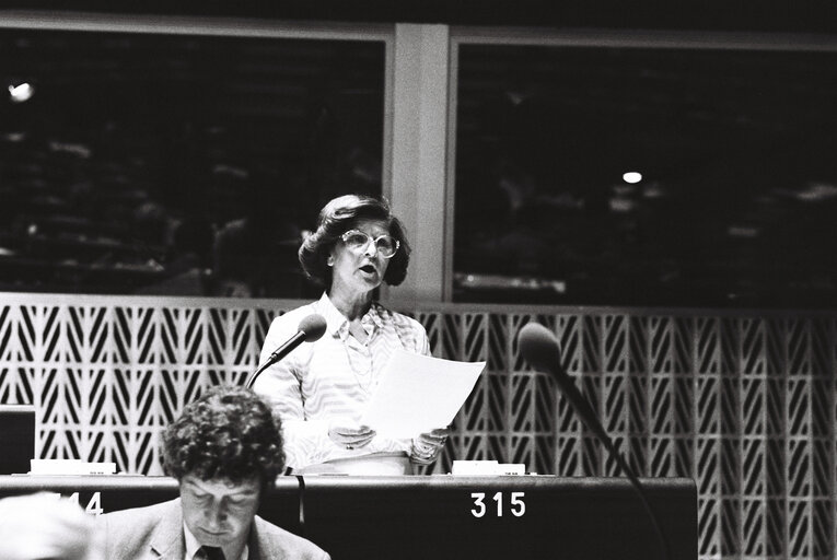 Suriet 14: The MEP Marie-Jane PRUVOT during a session in Strasbourg in April 1980.