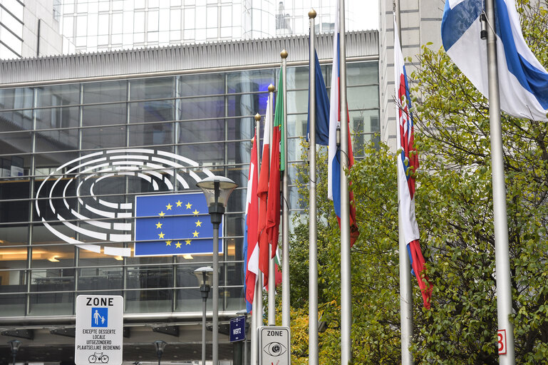 Slovakian and EU flags at half-mast for the victim of a bus crash in Slovakia