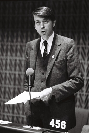 The MEP Paul-Henry GENDEBIEN during a session in Strasbourg in April 1980.