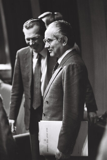 Suriet 38: Minister of Foreign Affairs Emilio COLOMBO during a session at the hemicycle of Strasbourg in April 1980.Italian Presidency