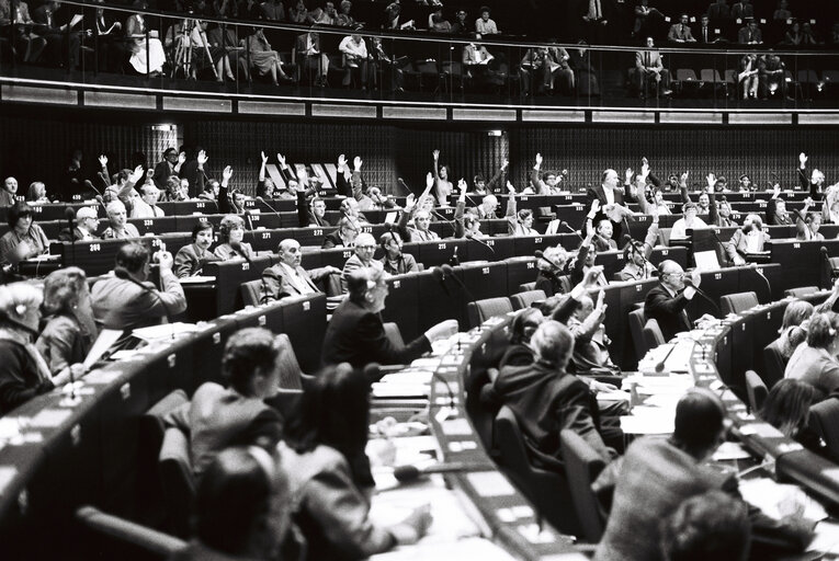 Fotografia 3: Plenary session in Strasbourg in April 1980. Vote by show of hands