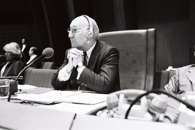 The European Parliament Vice President Hans KATZER during a session in Strasbourg in April 1980.