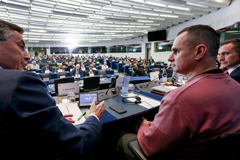 Fotografija 1: AFET - DEVE - DROI committee meeting. Exchange of views with Oleg SENTSOV, the 2018 Sakharov Prize laureate.