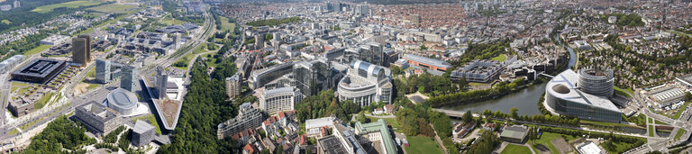 Combo montage of aerial views on the EP Headquarters in Luxembourg, Brussels and Strasbourg