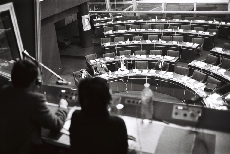 Stockshot of interpreter in the European Parliament in Strasbourg