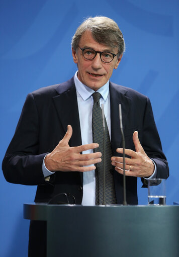 Official visit by David SASSOLI, EP President to Berlin – David SASSOLI, EP President and Angela MERKEL, German Chancellor give press statements at the German federal Chancellery on October 8, 2019, in Berlin, Germany.