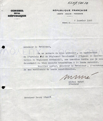 Correspondence between Michel DEBRE and ECSC President Paul-Henri SPAAK, January 6, 1953.