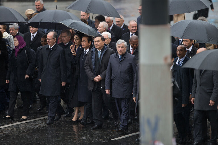 President of European parliament Antonio Tajani attend a ceremony at the Arc de Triomphe in Paris on November 11, 2018 as part of commemorations marking the 100th anniversary of the 11 November 1918 armistice, ending World War I