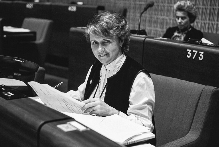 The MEP Simone MARTIN during a session in Strasbourg in February 1984.