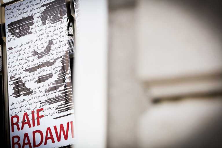 Sakharov Prize 2015 banners on the EP Headquarters buildings in Brussels.