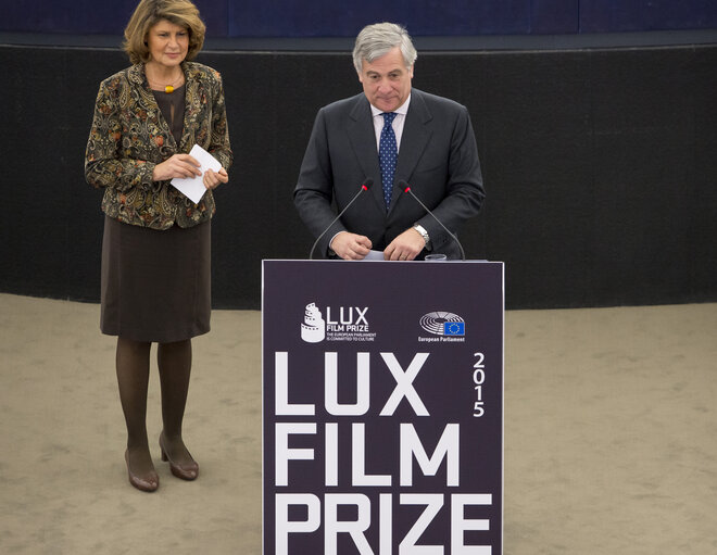 LUX Prize 2015 award ceremony.  Announcement of winning film and presentation of Prize to the winning director by EP President during plenary session week 48 2015 in Strasbourg