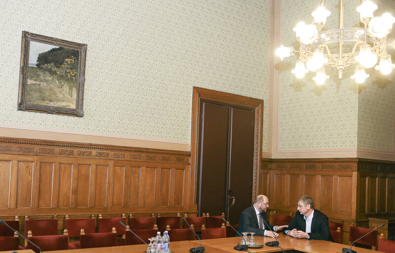 President of the European Parliament Martin Schulz in a meeting with former Hungarian Prime Minister Ferenc Gyurcsany in the building of the National Assembly in Budapest