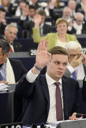 Fotografi 2: Gabrielius LANDSBERGIS voting during the plenary session in Strasbourg - Week 11 2015