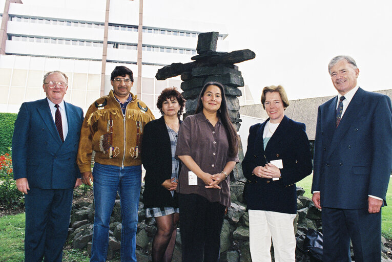 MEP Liam HYLAND with visitors in front of the Inukshuk statue outside the EP in Strasbourg