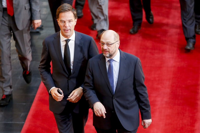 Fotografia 1: Official visit of Dutch Prime Minister to the European Parliament in Strasbourg. Martin SCHULZ - EP President welcomes Mark RUTTE - Dutch Prime Minister