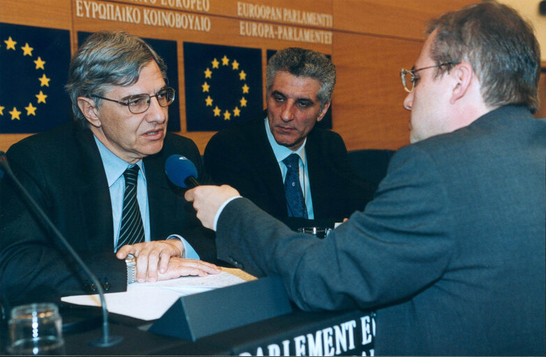 Greek Minister of European Affairs holds a news conference in Strasbourg following the vote over the accession of 10 new member countries to the EU