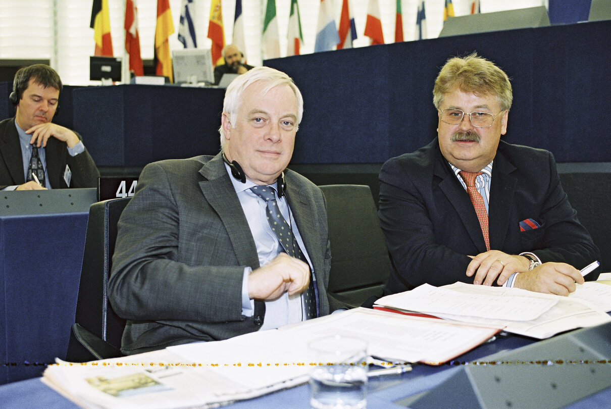 The MEPs Chris PATTEN and Elmar BROK during the plenary session at the European Parliament in Strasbourg